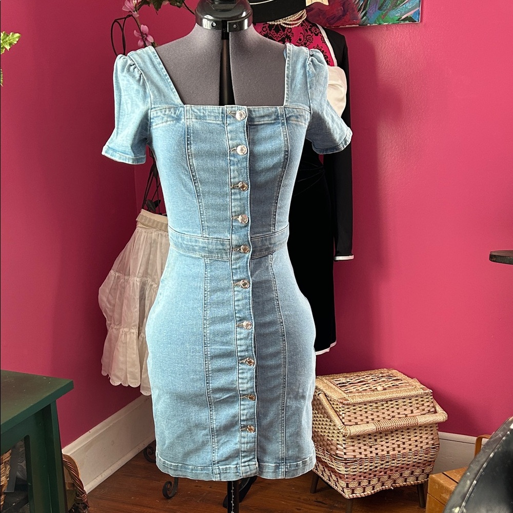Denim&Co Blue Button-Front Mini Dress